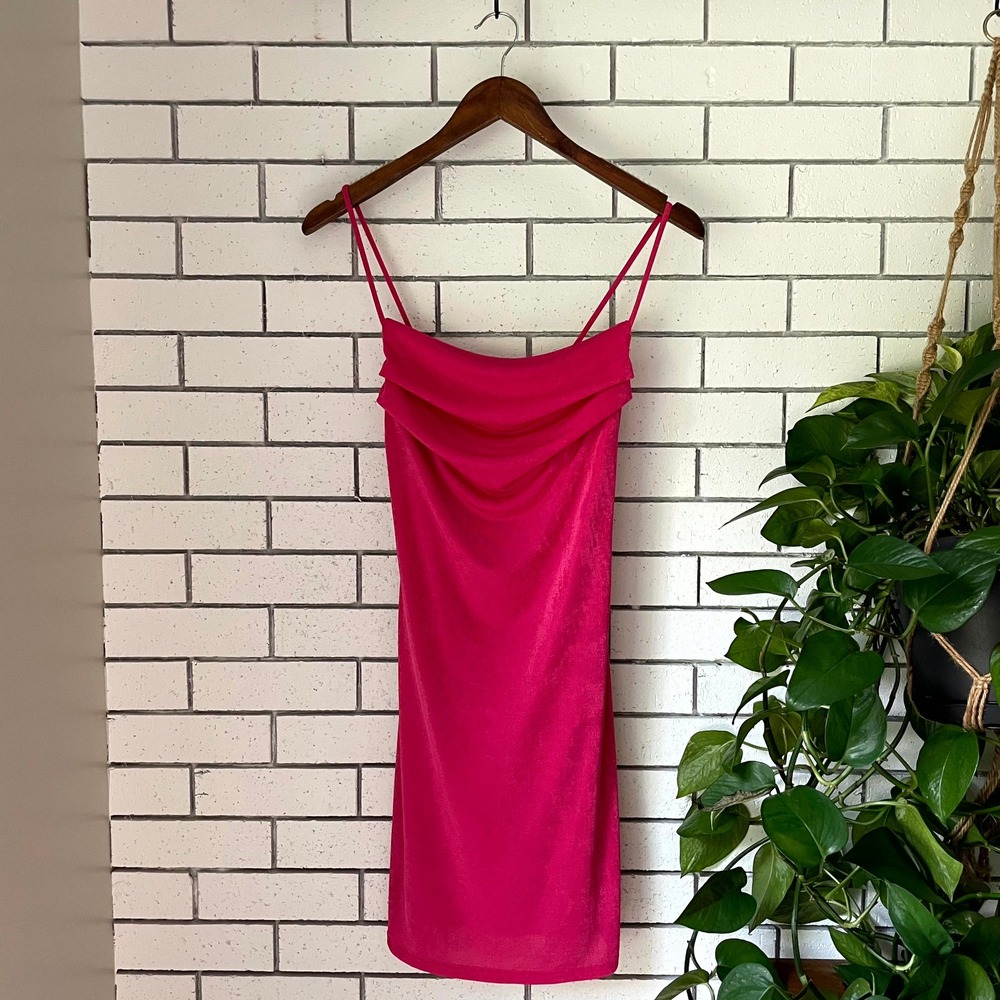21 Saints Hot Pink Cowl Neck Mini‎ Dress Spaghetti Strap Magenta Size M NWT